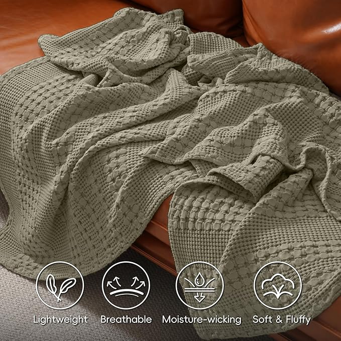 PHF 100% Cotton Waffle Blanket Twin Size for College Dorm, Lightweight Breathable and Soft for Summer, Luxury Aesthetic Waffle Weave Blanket for Bed & Gifts for Women, 66"x90", Dusty Sage