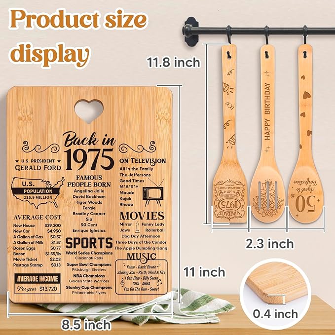 50th Birthday Gifts for Him Her- "Back in 1975" 50th Birthday Gifts for Women Cutting Board, Bamboo-Made Engraved "Year 1975 News" 50th Birthday Gifts