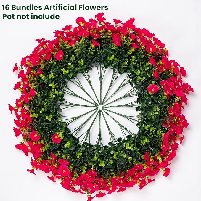 Nigirior Artificial Faux Flowers for Outdoor 16 Bundles Boxwood Fake Morning Glory for Planter,UV Resistant Fake Flowers for Home Porch Patio Outside（Rose Red）