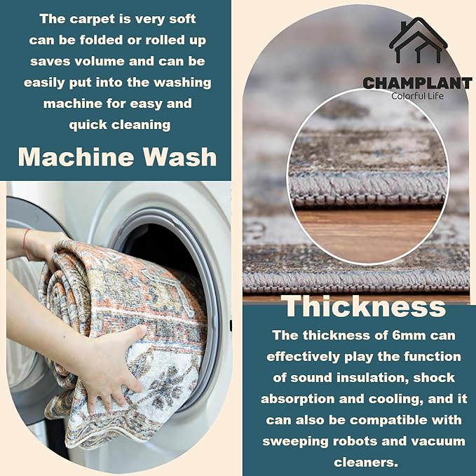CHAMPLANT 2'x3' Black-Purple Khaki Area Rug Washable Door Mat Vintage Distressed Doormat Indoor Entrance Traditional Thin Floral Print Non Slip Carpet for Kitchen Bathroom Bedroom Living Room