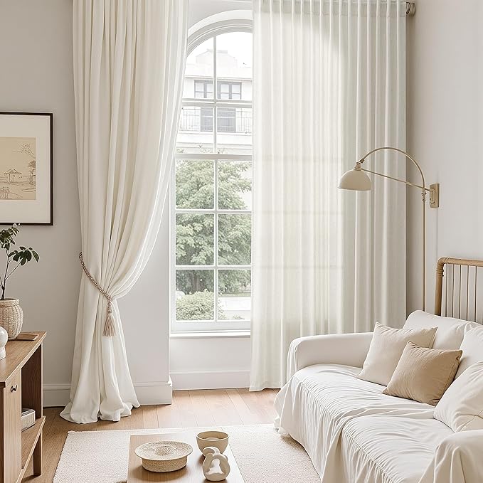 Nanspring Natural Linen Curtains for Living Room 132 Inches Long Back Tab Light Filtering Semi Sheer Curtain Rustic Farmhouse Decor Long Floor to Ceiling High Window for Bedroom 52x132, 2 Panels