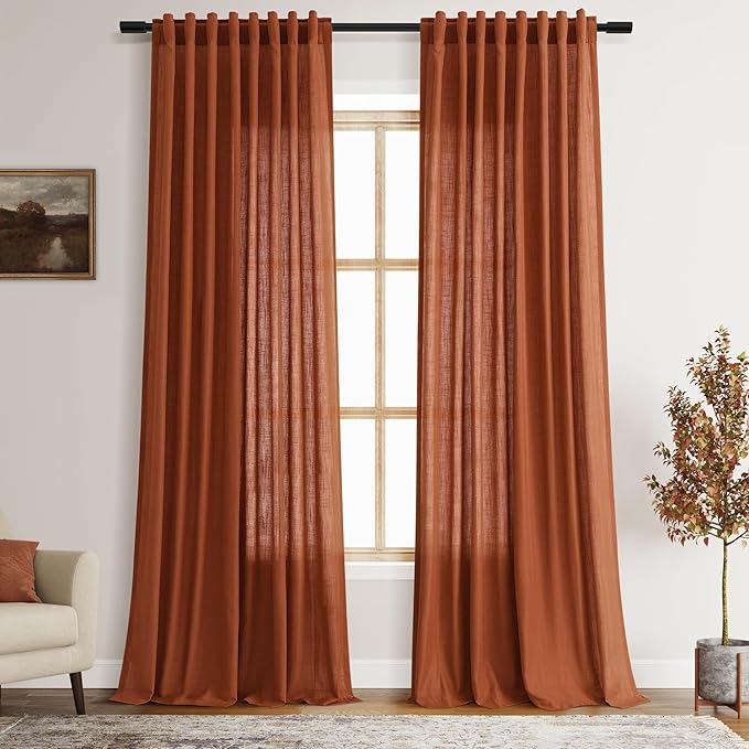 Nanspring Terracotta Linen Curtains 90 Inches Long 2 Panel Set Back Tab Boho Rustic Farmhouse Curtain for Living Room Semi Sheer Light Filtering Luxury Home Decor for Bedroom Dining Room 60x90