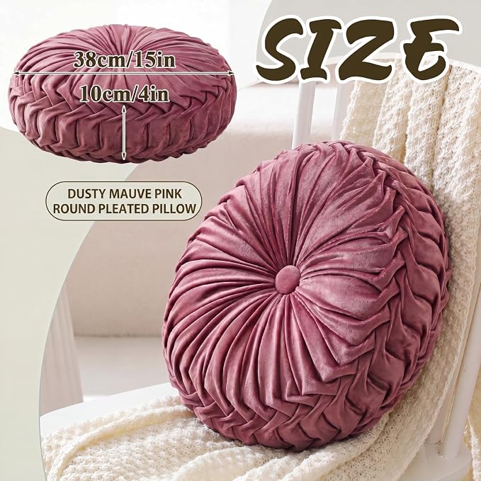 Drydiet 1 Pcs Round Throw Velvet Pillows Decorative Pleated Throw Pillows Diameter Accent Pumpkin Boho Chair Cushion for Couch Sofa Home Decoration (Mauve Rose,15'')