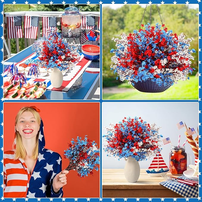 Lyrow 24 Pcs Red Blue White Patriotic Artificial Flowers 4th of July 250th Anniversary Table Centerpieces Decor Fake Babys Breath Pick Stems Floral Arrangement for Veterans Memorial Day Home Outdoor