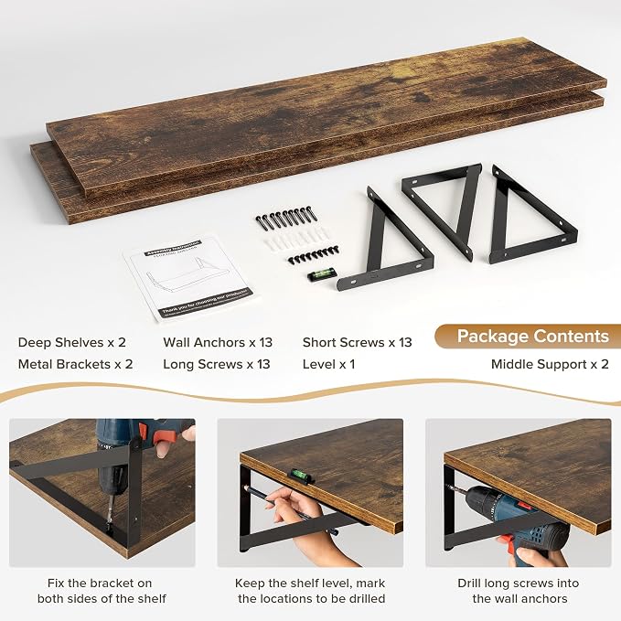 Acovy Deep Floating Shelves Wall Mounted, 48"x12" Brown Wood Shelves with Brackets Set of 2 for Bedroom, Living Room, Bathroom, Kitchen, Office - Storage & Display Shelf for Decor, Books, Plants