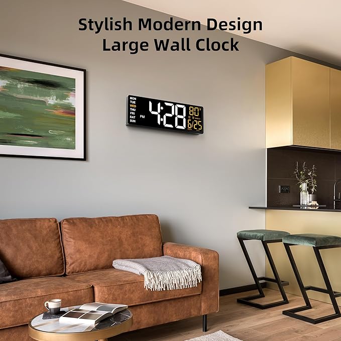 EASYERA 16.5" Large Digital Wall Clock with Anti-Glare Display, RGB Lights with 10 Scenes Mode Remote Control, Adjustable Brightness, Dual Alarms, Auto DST, BT Sync, Temperature for Living Room