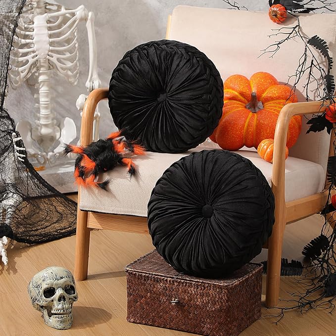 Beeveer 2 Pcs Round Throw Pillows 15 Inch Decorative Velvet Pleated Pumpkin Pillows Boho Floor Pillow with Center Button for Living Room Couch Chair Bed Sofa Home Decoration (Black)