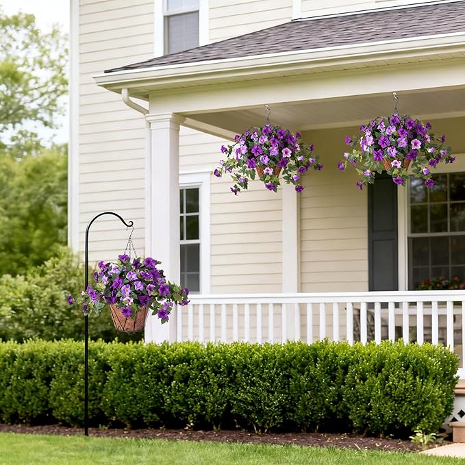 Artificial Petunia Flowers with Hanging Basket for Outdoors, 3 Pcs Fake Hanging Flowers UV Resistant Faux Silk Plants in Basket for Garden Porch Yard Patio Realistic Home Spring Decor(Double Purple)