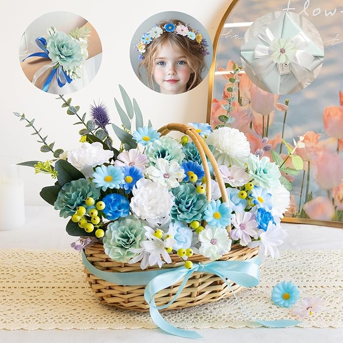 ATTGREAT 310 Pcs Fake Flower Heads Mini Artificial Flower Bulk Silk Flowers for Decoration Small Faux Flower Heads Fabric Daisy Buds Floral for Crafts DIY Wedding Party Baby Shower Home Decor, Blue