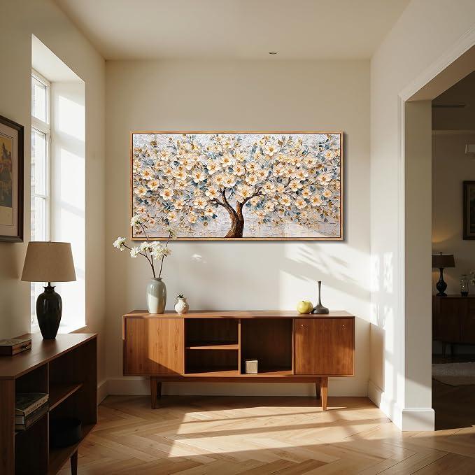 imjiayu Large Framed Wall Art, Tree of Life Wall Art, Floral Wall Decor, Neutral Flower Tree Prints, Modern Abstract Art Picture, Japanese Aesthetic Paintings for Living Room Bedroom Office 24"x48"