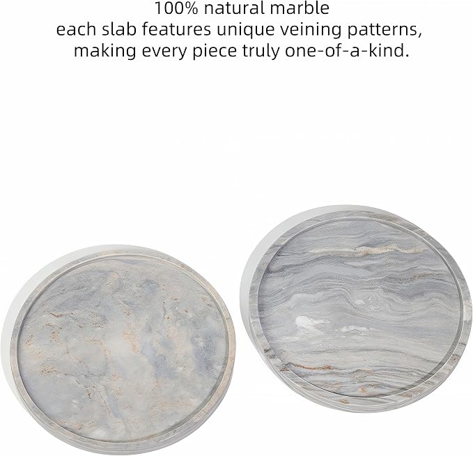 Natural Marble Vanity Tray, Round, 8.3 Inch, with Anti-Slip Pads, for Bathroom, Jewelry, Perfume Display, Coffee Table Decor (Blue with Gold)