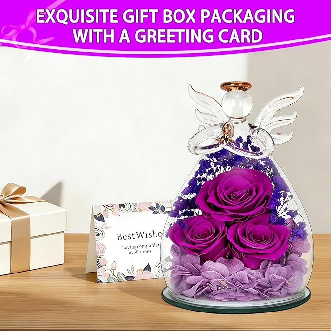Mothers Day Birthday Gifts for Mom Women, Preserved Eternal Rose Forever Flower in Glass Angel Figurine, Fresh Flowers for Delivery, Unique Gift for Grandma Nana Wife Mum from Daughter Son