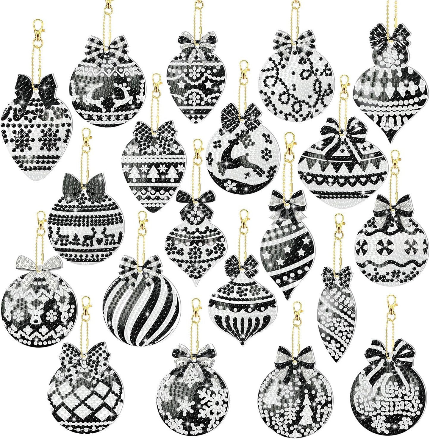 Tondiamo 20 Pcs Christmas Diamond Painting Keychain Kits 5D DIY Diamond Art Pendants Double Sided Hanging Key Chains for Christmas Party Decoration DIY (Black Style)