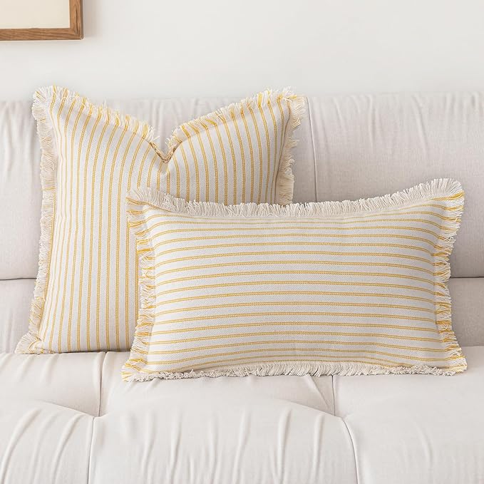 YEENAASY Throw Pillow Covers 24x24 Set of 2 Striped Fringe Pillow Cover Farmhouse Cushion Covers with Tassel Neutral Boho Pillows Decorative Square Pillowcase for Couch Sofa Bed, Yellow