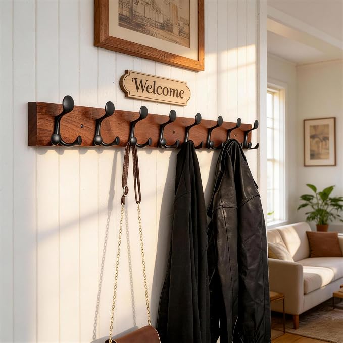 WEBI Coat Rack Wall Mount,43" Solid Wood Coat Hooks Wall Mounted Coat Hanger,16" Hole to Hole,Heavy Duty 8 Triple Hooks for Hanging Coats,Jacket,Hat,Backpack,Farmhouse,Reddish Brown,2 Packs