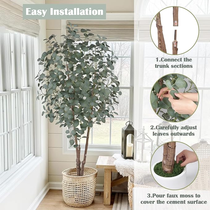 6FT Faux Eucalyptus Tree with White Pot, Artificial Eucalyptus Tree Indoor Plants with Silk Leaves Fake Eucalyptus Plant Fake Tree Faux Plants Indoor for Living Room Bedroom Office Home Decor