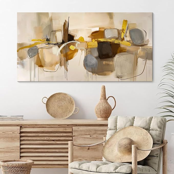 HGUAOA Abstract Wall Art for Living Room - Large Yellow and Orange Geometric Artwork - Modern Paintings for Office Decor - Contemporary Big Wall Decor for Home or Office 24×48IN