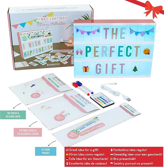 BONNYCO Cinema Light Box A4 Rose Gold 16 Colors with 400 Letters and Emojis, 10 Premium Cards, Remote Control and 2 Markers. Led Light Up Sign, Novelty Gifts for Women. Gifts for Girls Christmas