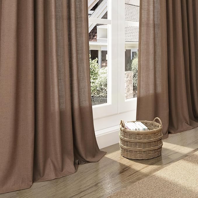 Nanspring Caramel Brown Curtains 80 Inches Long 2 Panels Set for Bedroom Back Tab Rod Pocket Semi Sheer Light Filtering Privacy Drapes Linen Blend Textured Farmhouse Living Room Curtain 52X80