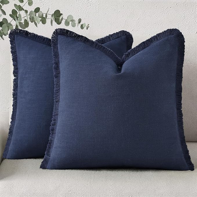 decorUhome Summer Decorative Neutral Linen Fringe Euro Sham Throw Pillow Covers Set of 2 Navy Blue Pillow Covers with Tassels Soft Farmhouse Boho Accent Pillow Cases for Couch Bed Sofa 26x26 Inch