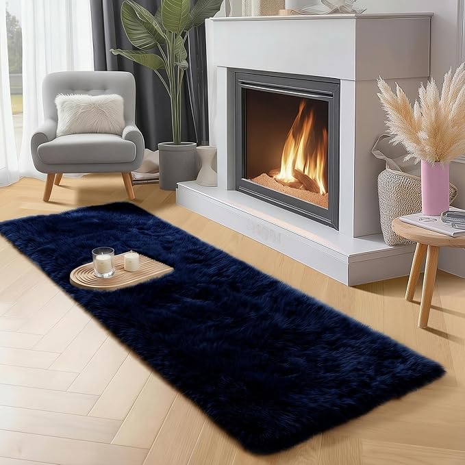 PAGISOFE Navy Blue Runner Rug 2x6, Fluffy Dark Blue Rugs for Boys Room Super Soft Bedside Rugs, Modern Plush Carpets for Living Room Kids Boys Girls Teen Dorm Nursery Room Decor Aesthetic Non-Slip