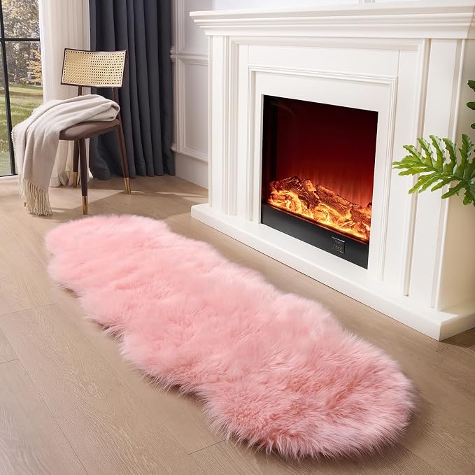 Faux Fur Sheepskin Runner Rug Pink 2x6 ft Ultra Soft Shaggy Plush Fluffy Fuzzy Area Carpet Decorative Chair Cover Floor Mat for Bedroom Sofa Living Room Bedside