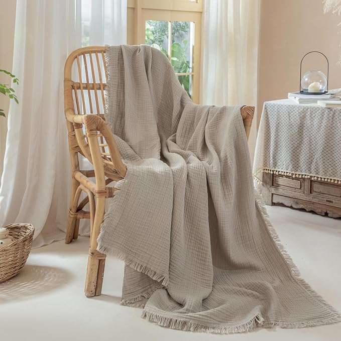 Muslin Fringe Blankets for Adults: 100% Cotton Cloud Soft | 4-Layer Gauze Breathable Lightweight All Season Throw Blanket for Bed Couch Sofa Office