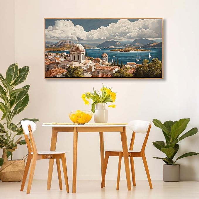 YDYSUNE Framed Retro Mediterranean Coastal Canvas Wall Art, Large Ocean Seascape Wall Decor for Living Room Bedroom Office Home, 20"×40"