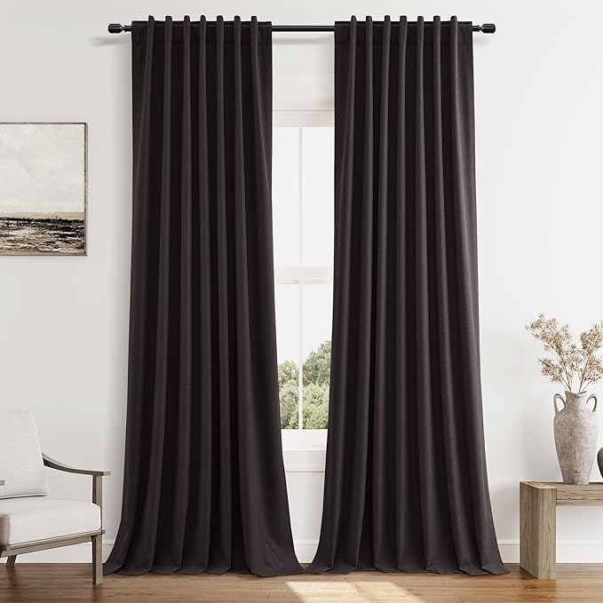 Guken Cocoa Coffee 100% Blackout Linen Curtains 120 Inch Length 2 Panels Set for Living Room Bedroom Back Tab/Rod Pocket Thermal Insulated Farmhouse Black Out Drapes Room Darkening,52x120