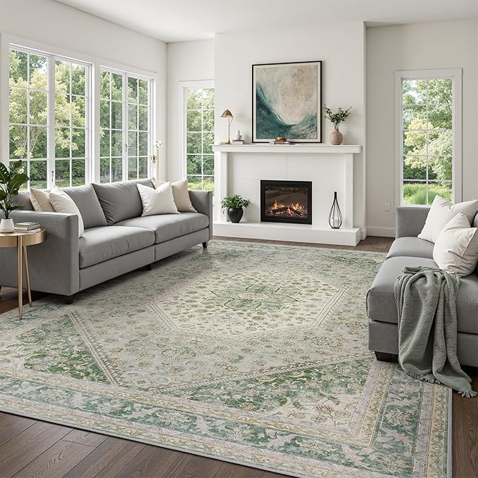 DCX Green 8x10 Area Rug, Machine Washable Non Slip Stain Resistant Vintage Rug for Living Room, Bedroom, Playroom, Soft Low Pile Large Nursery Carpet