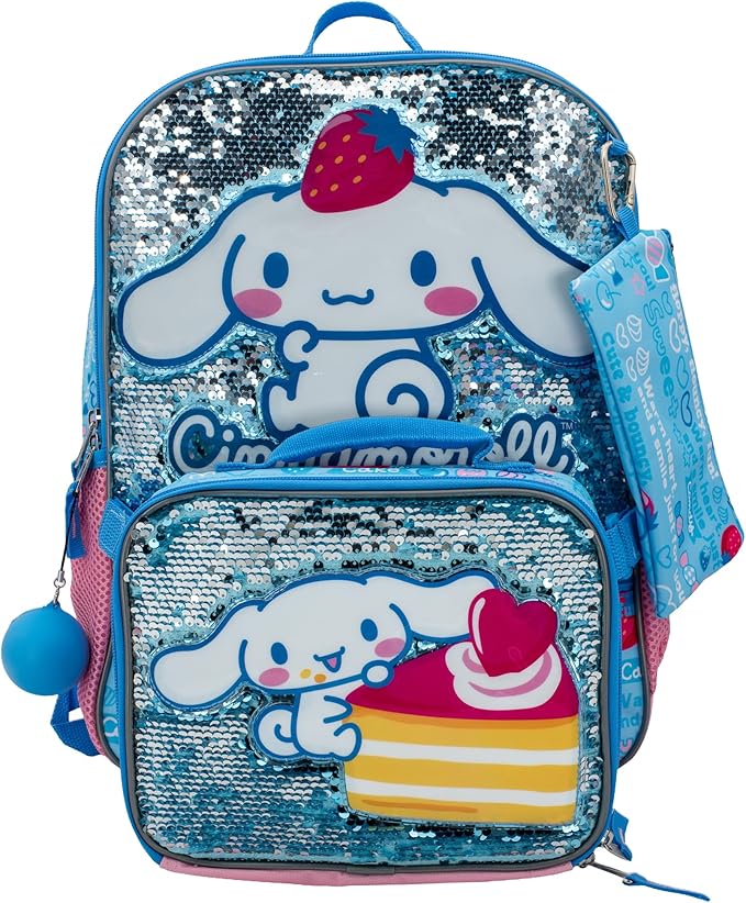 AI ACCESSORY INNOVATIONS Sanrio’s Cinnamoroll 5 Piece Backpack Set, Hello Kitty Kawaii Flip Sequin Girls School Bag with Front Zip Pocket, 2 Side Mesh Pockets, Blue