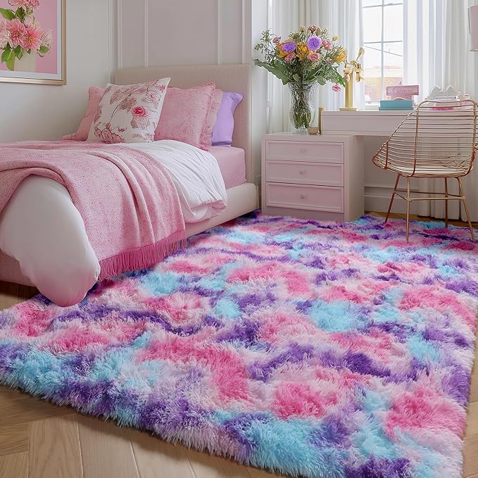 PAGISOFE Ultra Soft Rainbow Area Rugs for Bedoom Girls, 3x5 Ft, Fluffy Cute Colorful Pastel Princess Carpet for Kids Teens Nursery, Dorm Rug for Room Decor Aesthetic, Hot Pink Purple Bedroom Decor