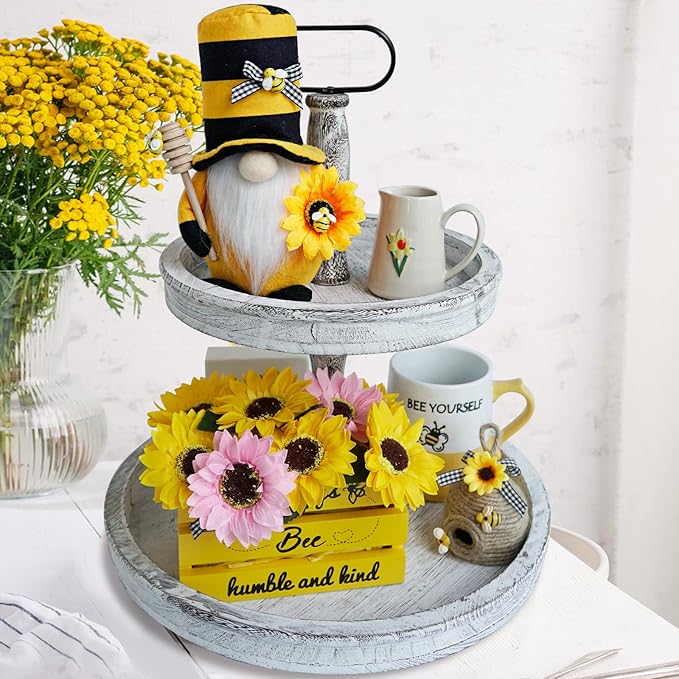 Bee Decor, Wood Bee Crate Decorations, Humble Bee Gnome Plush with Honey Dipper,Rustic Farmhouse Bee Tiered Tray Decor, Mini Wood Crate with Artificial Sunflowers Decor, Summer Decorations for Home