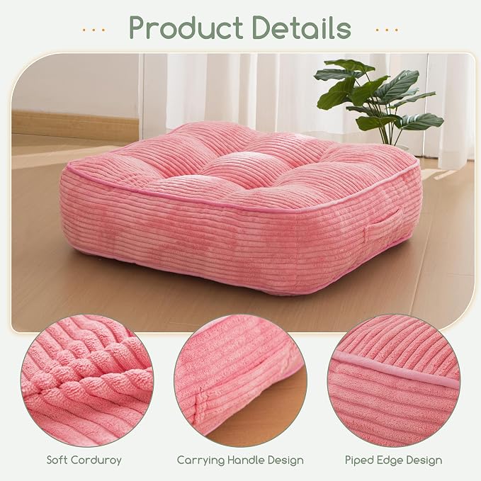 HIGOGOGO 6" Extra Thick Floor Pillow Cushion for Adults, Meditation Cushion Pillow, Large Square Floor Sitting, Tufted Corduroy Cover, for Tatami Living Room or Yoga, 22x22 Inch, 2Pack, Pink