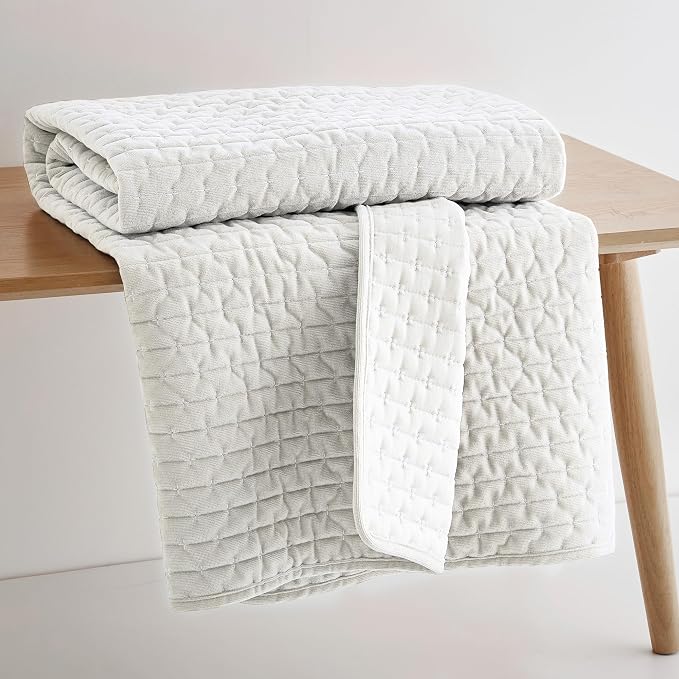 Levtex Home - Velvet Stitch Throw - Quilted Throw (50x60in.) - Velvet - Off-White, White - Reversible - Polyester
