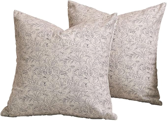 Amor Virisso Floral Throw Pillow Covers 24x24 Set of 2 Vintage Block Print Pillow Covers Decorative Pillow Covers Couch Pillows for Living Room Farmhouse Accent Sofa Pillows, Black/Sand