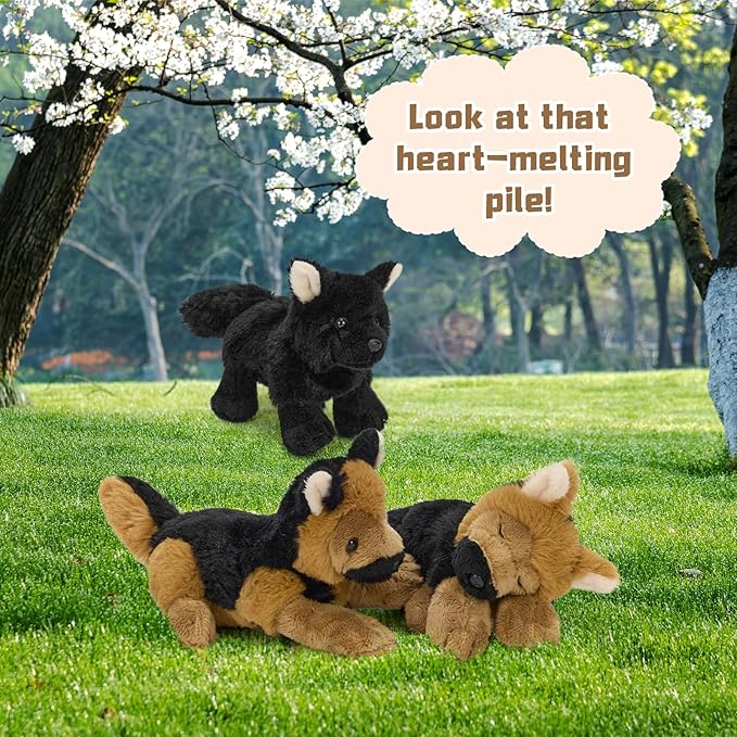 MorisMos 4Pcs German Shepherd Stuffed Animals, 18 Inch Mommy with 3 Puppies, Soft Fluffy Animal Dog Plush Toys Gifts for Kids, Dog Lover
