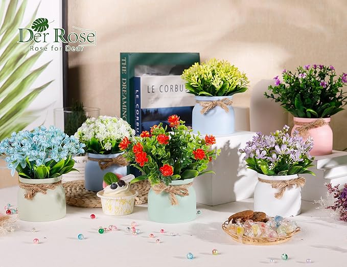 Der Rose 6 Pack Fake Plants Flowers Small Artificial Faux Plants in Plastic Macaron Pot for Home Bathroom Office Desk Accessories Wedding Decor Indoor