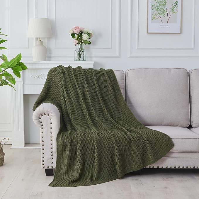 Douceur Olive Green Throw Blanket for Bed, Soft Chunky Cable Knit Throw Blanket, Classic Fisherman's Rib Stitch Pattern Throw for Living Room Gift, 60"X80"