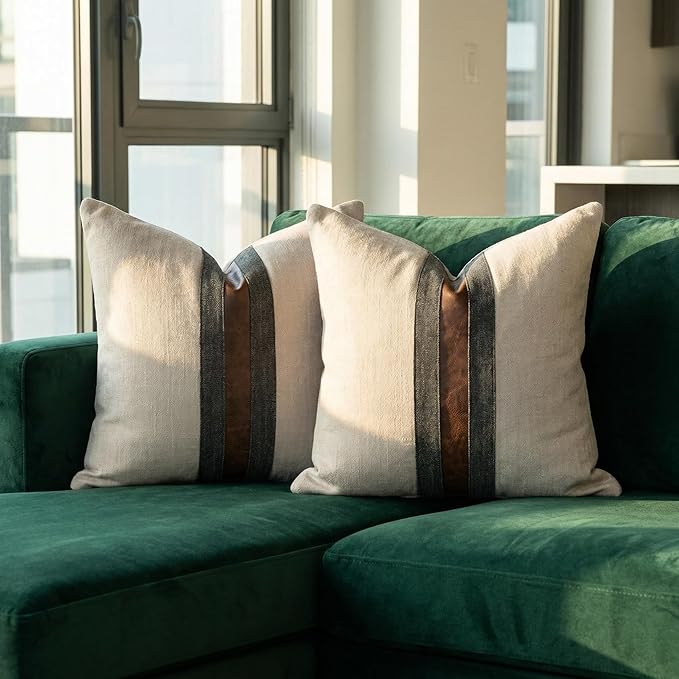 BOYSUM Set of 2 Leather Throw Pillow Covers Cotton Linen Decor Patchwork Pillow Cover Faux Leather Pillows Cover for Couch Sofa Living Room Bedroom,Beige 22"x22"