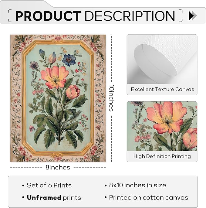 Indian Wall Art Vintage Floral Canvas Poster India Wall Decor Folk Flower Prints Scandinavian Pictures Antique Botanical Painting Gallery Artwork for Bedroom Living Room 8x10 Inch Unframed Set of 6