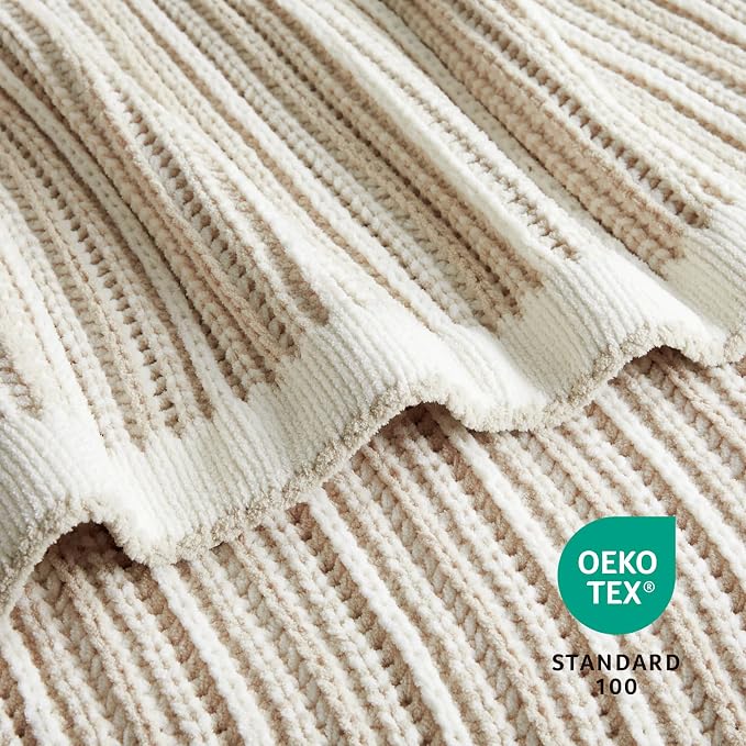 Amélie Home Striped Knit Throw Blanket for Couch, Dual-Sided Soft Chenille Decorative Blankets for Sofa & Chair, 50"x60", Khaki & White