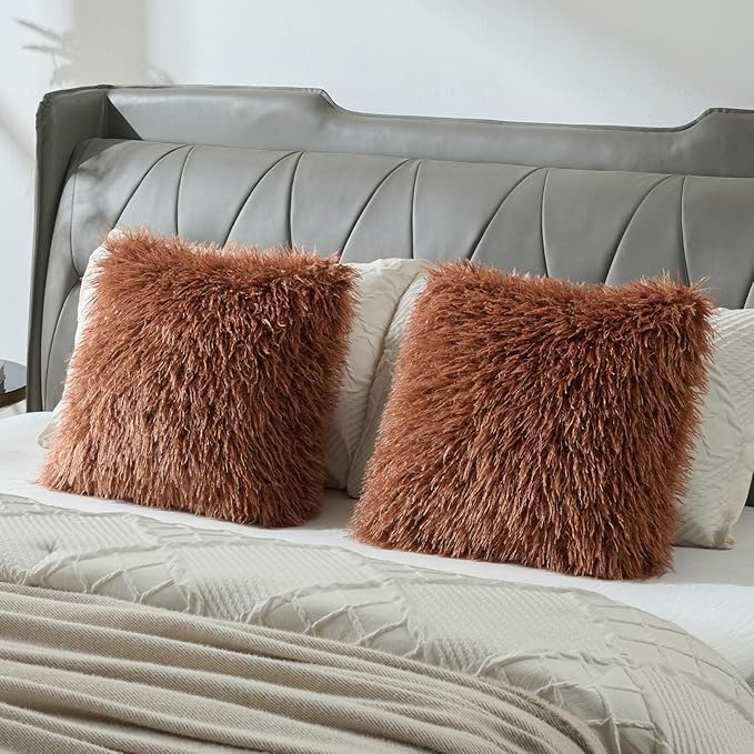 FUTEI Pack of 2 Shaggy Mongolian Faux Wool Throw Pillow Covers 18x18 Inch Soft Decorative Cushion Case for Couch Bed Living Room, Rust