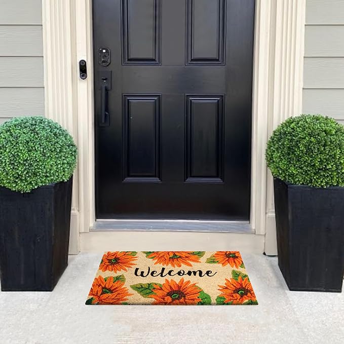 A1HC Natural Coco Coir Door Mat Orange Sunflower Doormat with Heavy Duty Non-Slip PVC Backing - 18" x 30" - Easy to Clean, Welcome Mat for Home, Low-Profile Durable Doormat