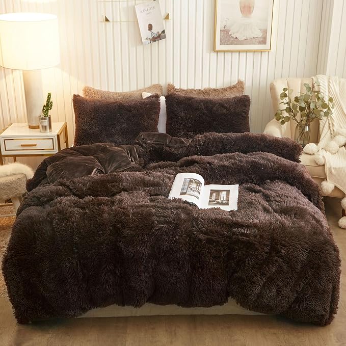 XeGe Plush Shaggy Brown Duvet Cover Set, Luxury Ultra Soft Velvet Fluffy Bedding Sets 3 Pieces(1 Furry Faux Fur Comforter Cover + 2 Fuzzy Faux Fur Pillowcases), Zipper Closure(King, Coffee)