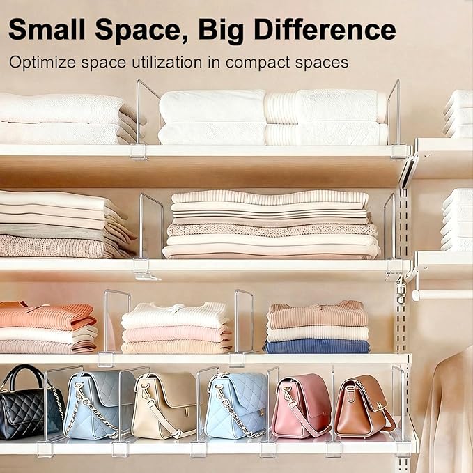 SortNStore Shelf Dividers Purse Organizer for Closet: 6-inch Tall(Shorter Version) Acrylic Handbag Organizer - Small Space Separator for Clutches Evening Bags Pouches Mini-Bags on Wood Shelves 4-Pack