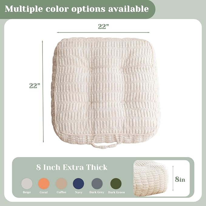 HIGOGOGO 8" Floor Pillow Cushion for Adults, Meditation Cushion Pillow, Blended Corduroy Cover, Large Square Floor Sitting for Tatami Living Room or Yoga, 22x22 Inch, Beige