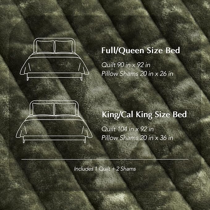 EverGrace Velvet Quilt Set King Size, Luxurious Soft Striped Channel Bedding Set, Lightweight Velvet Comforter for All Season, Oversized Bedspread Coverlet with 2 Matching Shams, Olive Green