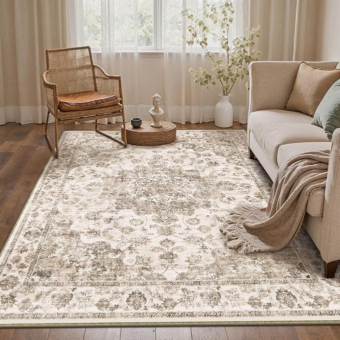 4x6 Washable Neutral Area Rug Brown Vintage Entryway Office Carpet Non-Slip Soft Low Pile Farmhouse Indoor Throw Rug for Living Room Bathroom Dining Room