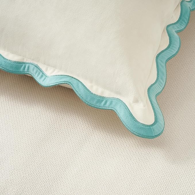MONDAY MOOSE Decorative Throw Pillow Covers Cushion Cases, Set of 2 Soft Velvet Scalloped Wavy Edge Designs, Mix and Match for Home Decor, Pillow Inserts Not Included (16x16 inch, White/Light Blue)